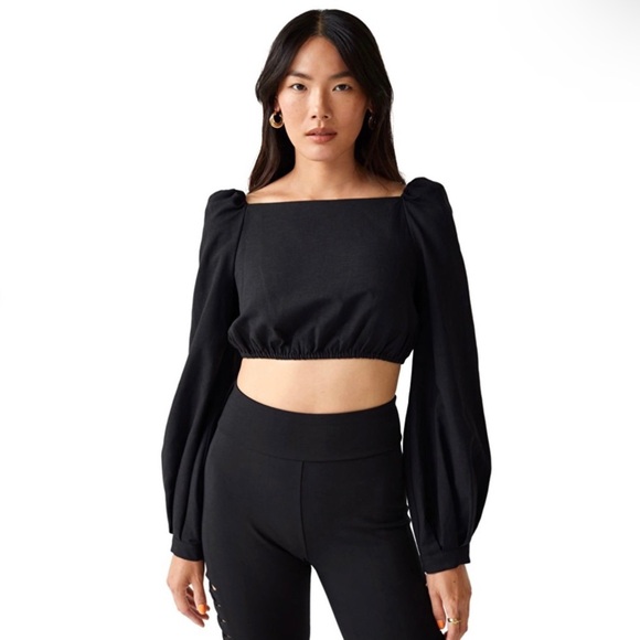 NEW & OTHER STORIES BLACK BALLOON SLEEVE CROP TOP - Picture 1 of 7